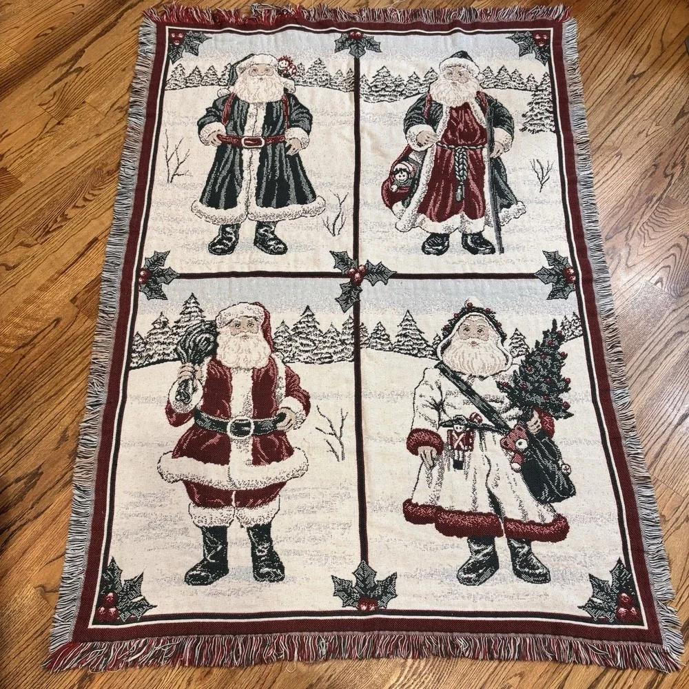 Goodwin Weavers Vintage Santa Woven Afghan Throw Blanket Christmas Fringe Throw
